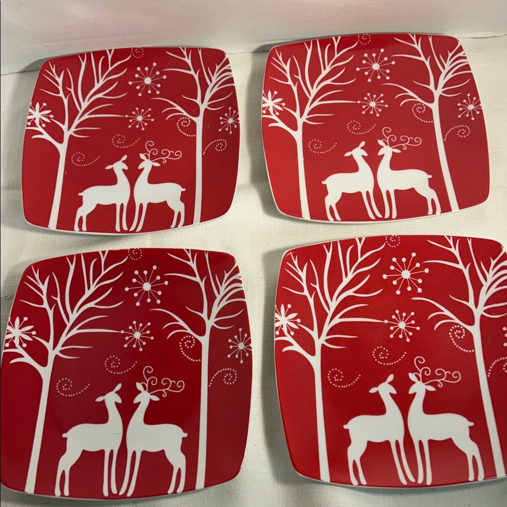 Red Reindeer Square Plates set of 4